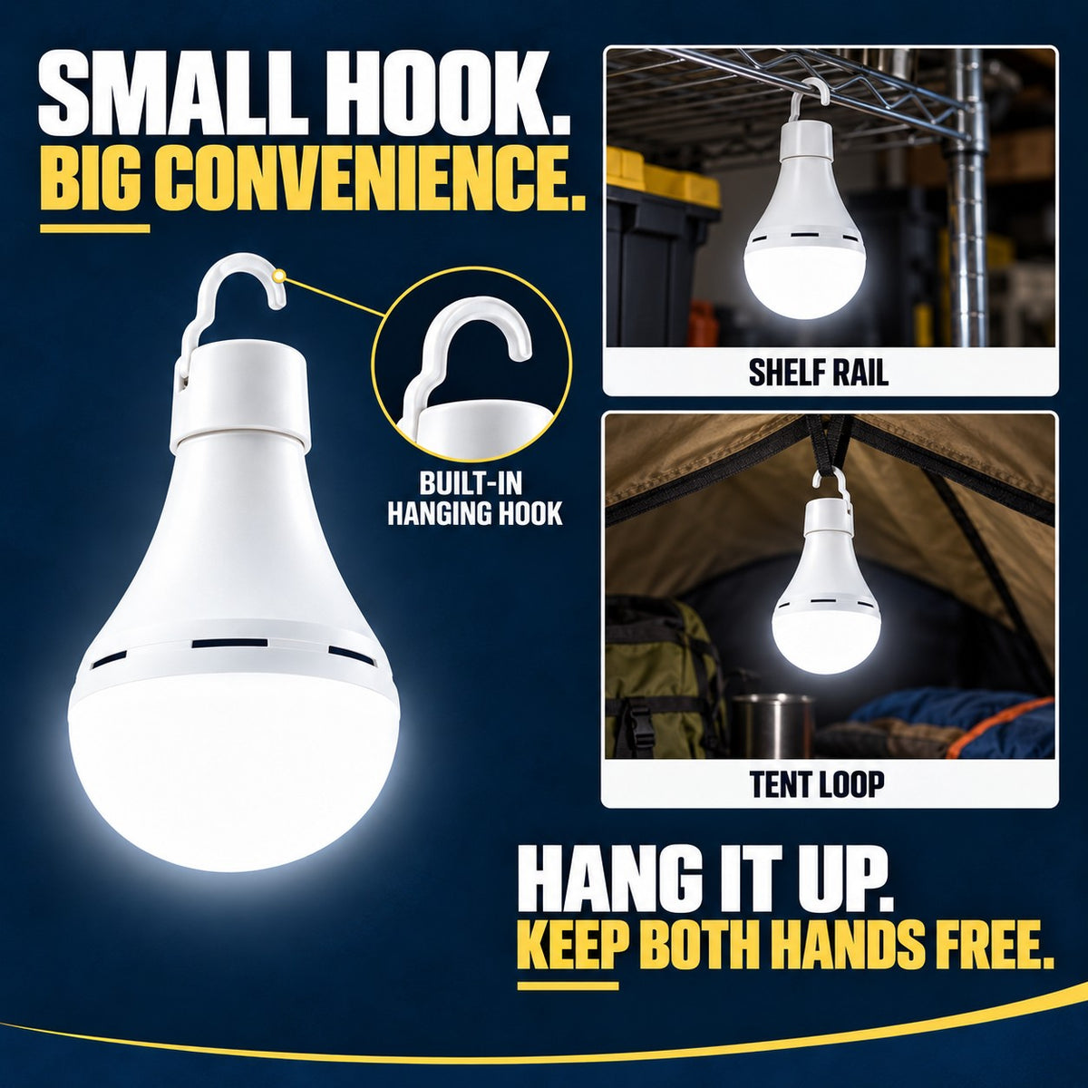 Rechargeable LED Bulb with Hook — Hang It Up, Keep Both Hands Free