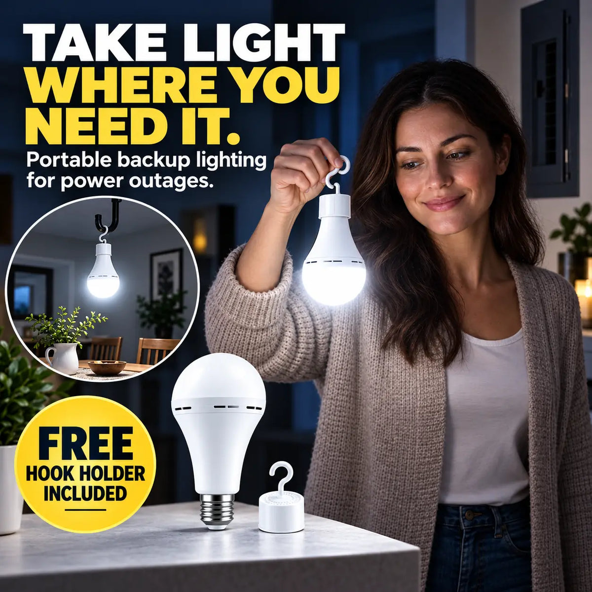 Rechargeable LED Bulb with Hook — Hang It Up, Keep Both Hands Free