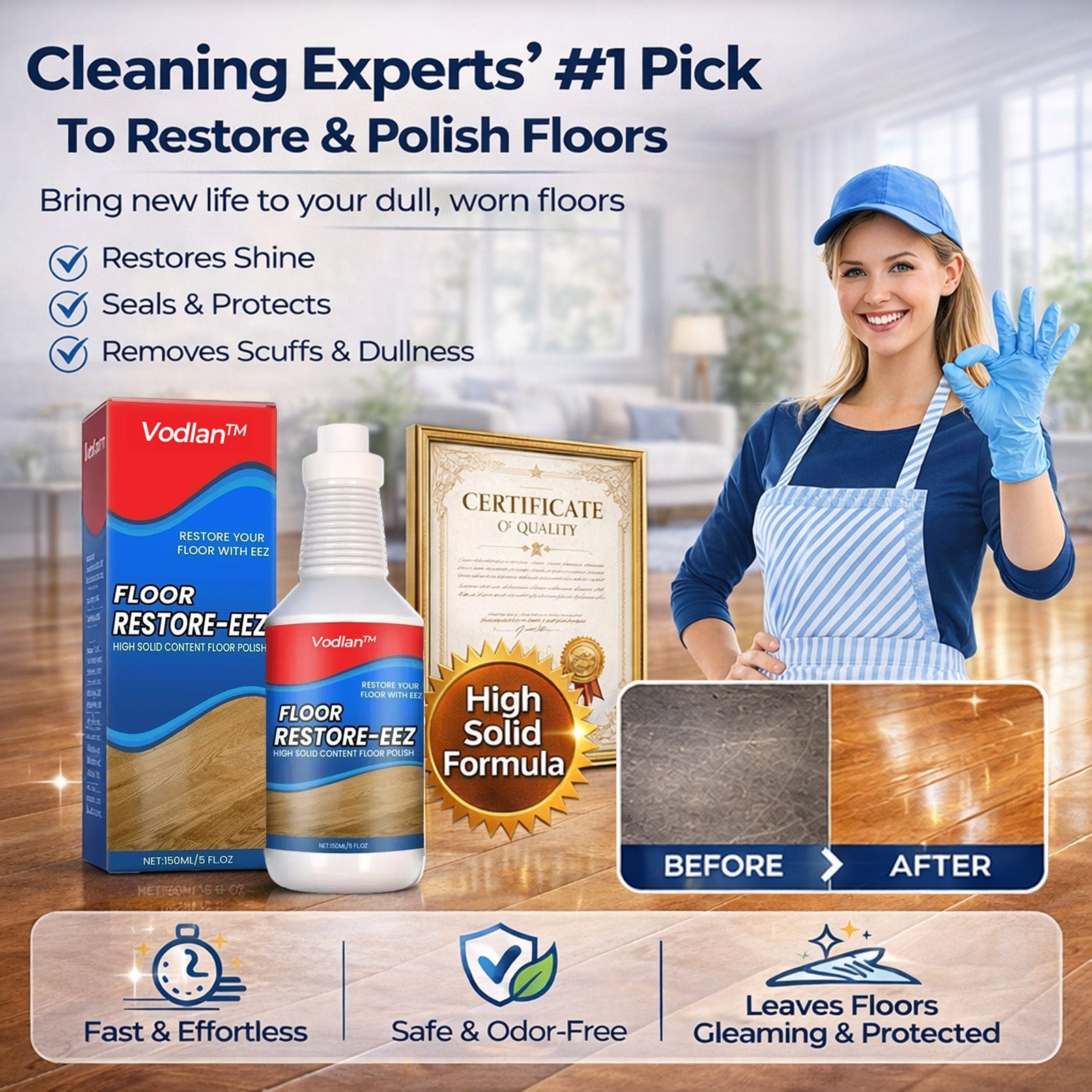 Floor Restorer – Fast-drying, non-toxic shine. ✨