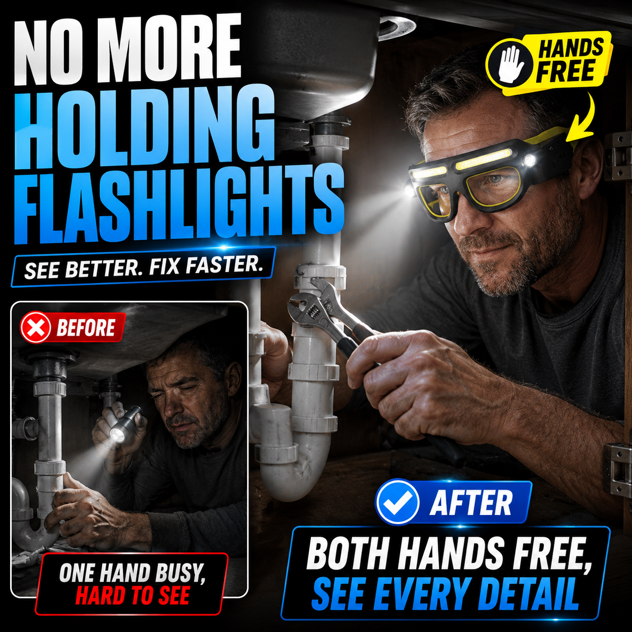 FonomeLuminaView™ LED Glasses Headlamp – Hands-Free Rechargeable Work Light