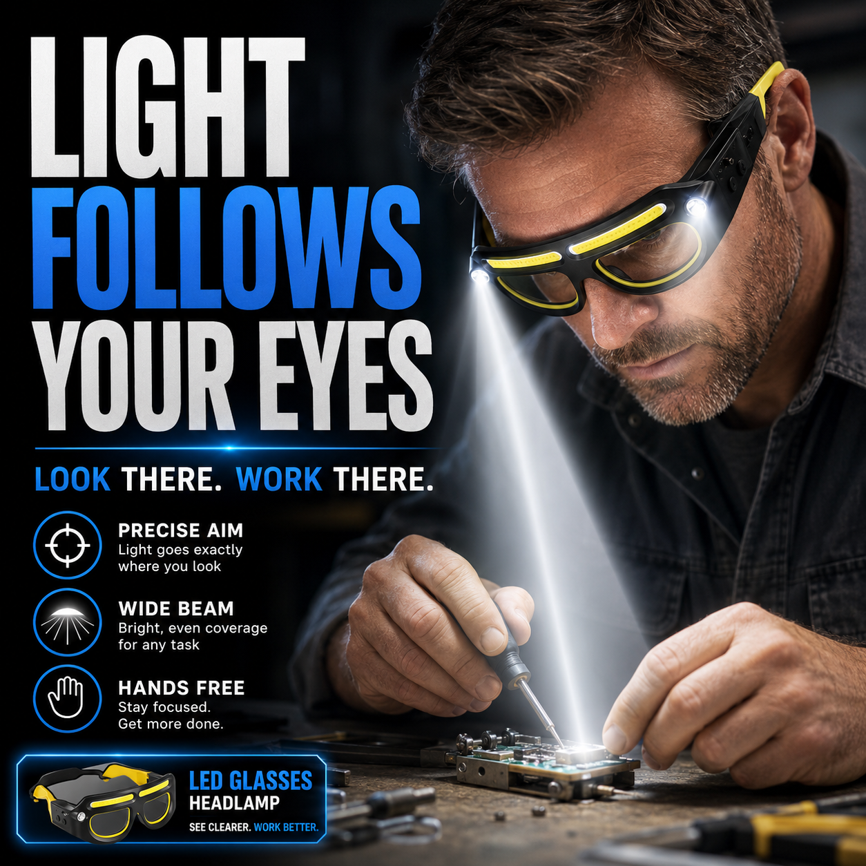FonomeLuminaView™ LED Glasses Headlamp – Hands-Free Rechargeable Work Light