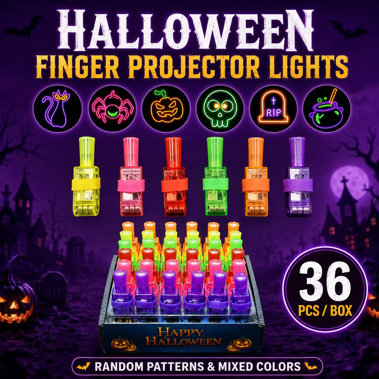 🎃 Halloween Finger Projector Rings – LED Party Favors for Kids