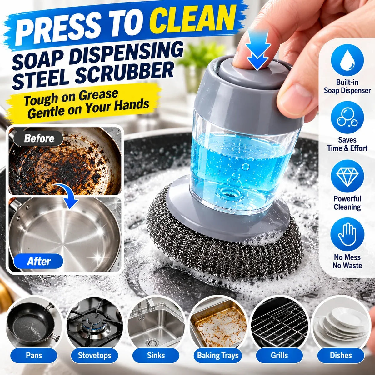 2-in-1 Soap Dispensing Steel Scrubber for Tough Grease & Burnt-On Food