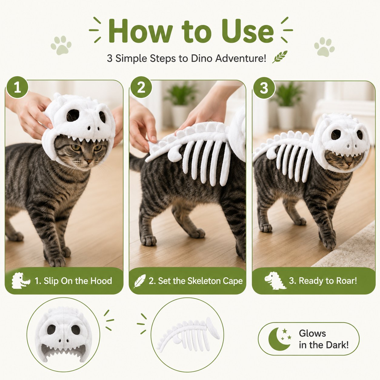 🔥🔥🎉🦖 Glow-in-the-Dark Dinosaur Skeleton Cat Costume — Let Your Kitty Roar at Night! ✨