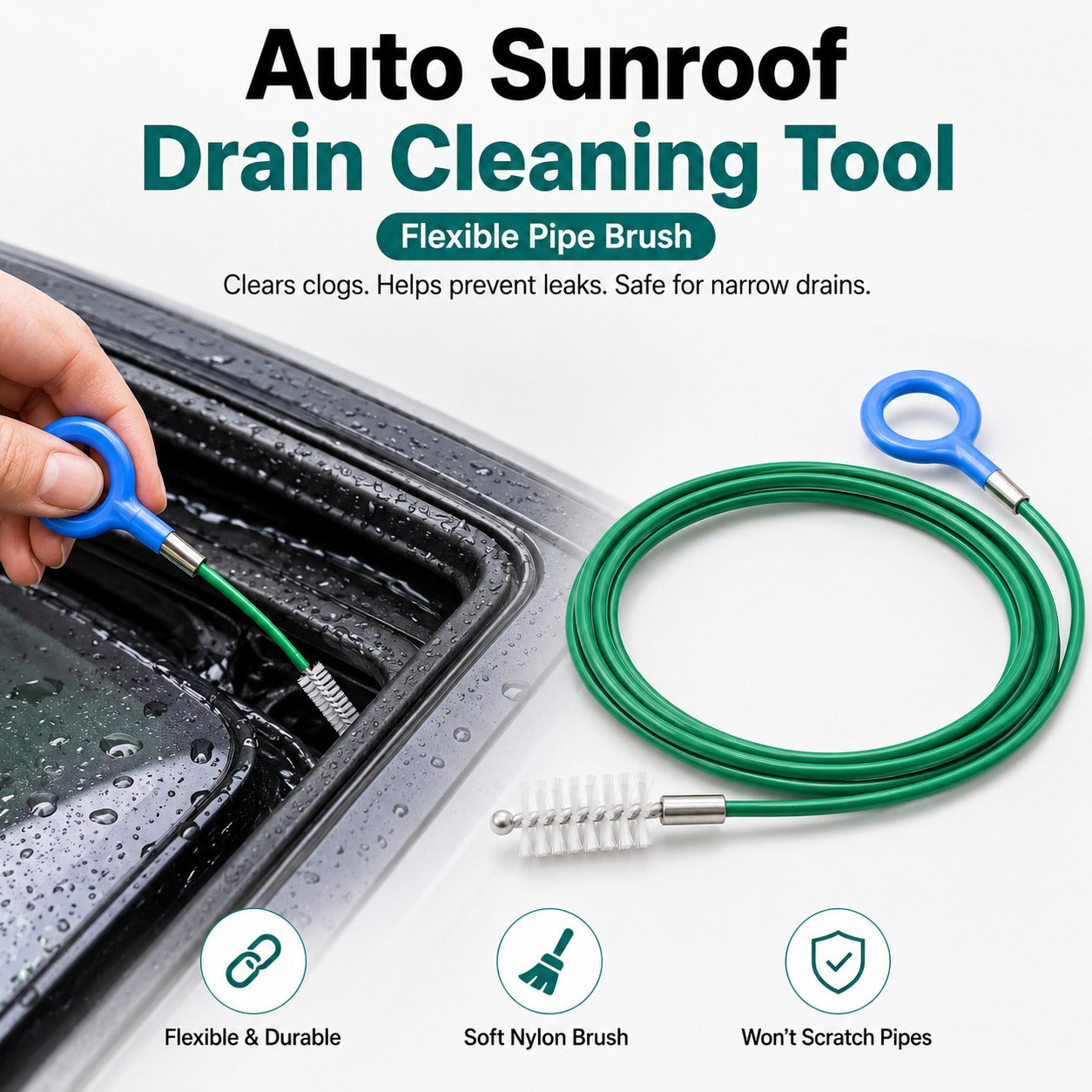 Sunroof Drain Cleaning Brush – Flexible Pipe Cleaner Tool for Preventing Water Leaks
