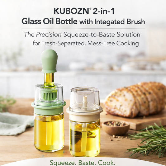 KUBOZN® 2-in-1 Glass Oil Bottle with Integrated Brush — The Precision Squeeze-to-Baste Solution for Fresh-Separated, Mess-Free Cooking
