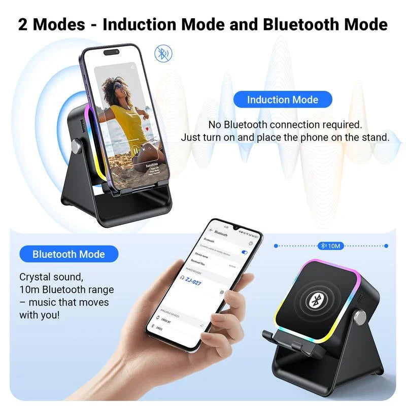 🔥Limited 50% discount!🔥 5-in-1 wireless Bluetooth speaker with induction function and adjustable cell phone holder