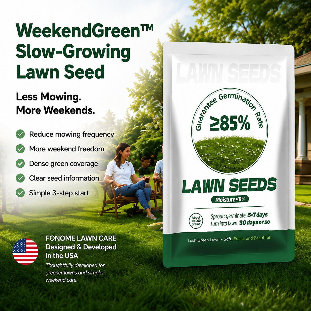 🌱 FONOME WeekendGreen™ Slow-Growing Lawn Seed — Less Mowing, More Weekends