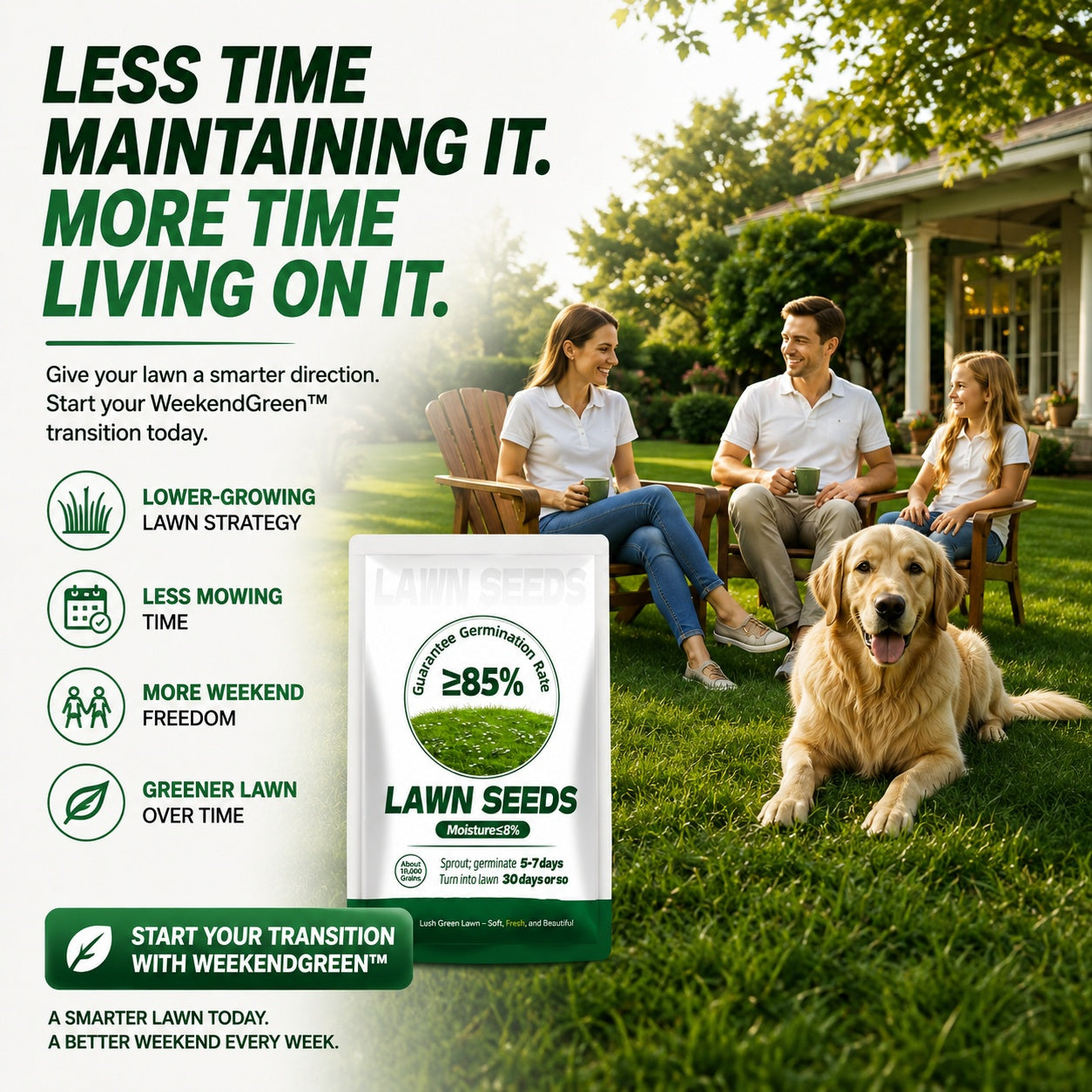 🌱 FONOME WeekendGreen™ Slow-Growing Lawn Seed — Less Mowing, More Weekends