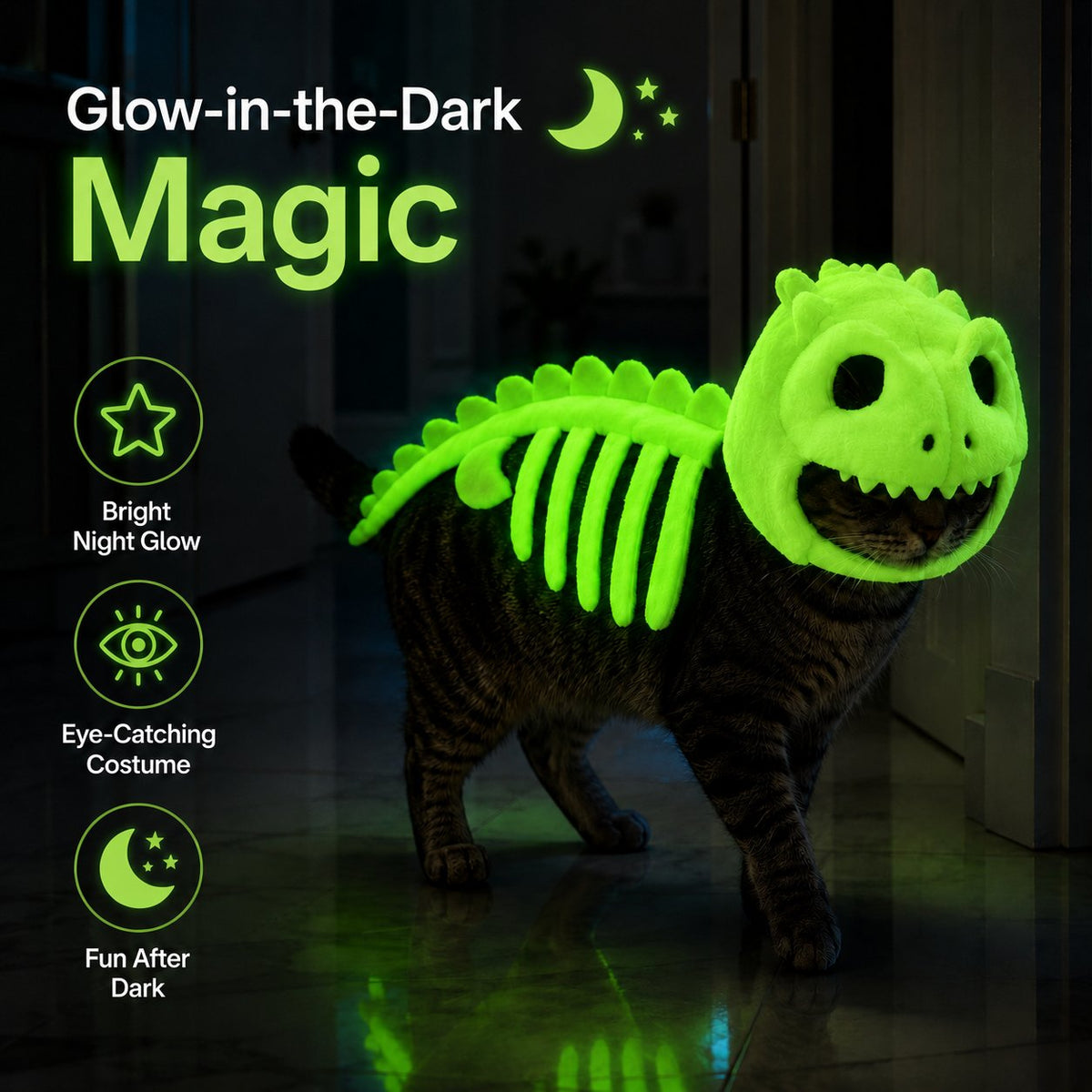 🔥🔥🎉🦖 Glow-in-the-Dark Dinosaur Skeleton Cat Costume — Let Your Kitty Roar at Night! ✨