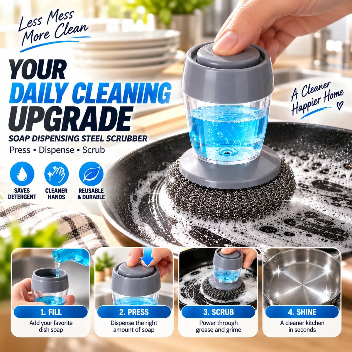 2-in-1 Soap Dispensing Steel Scrubber for Tough Grease & Burnt-On Food