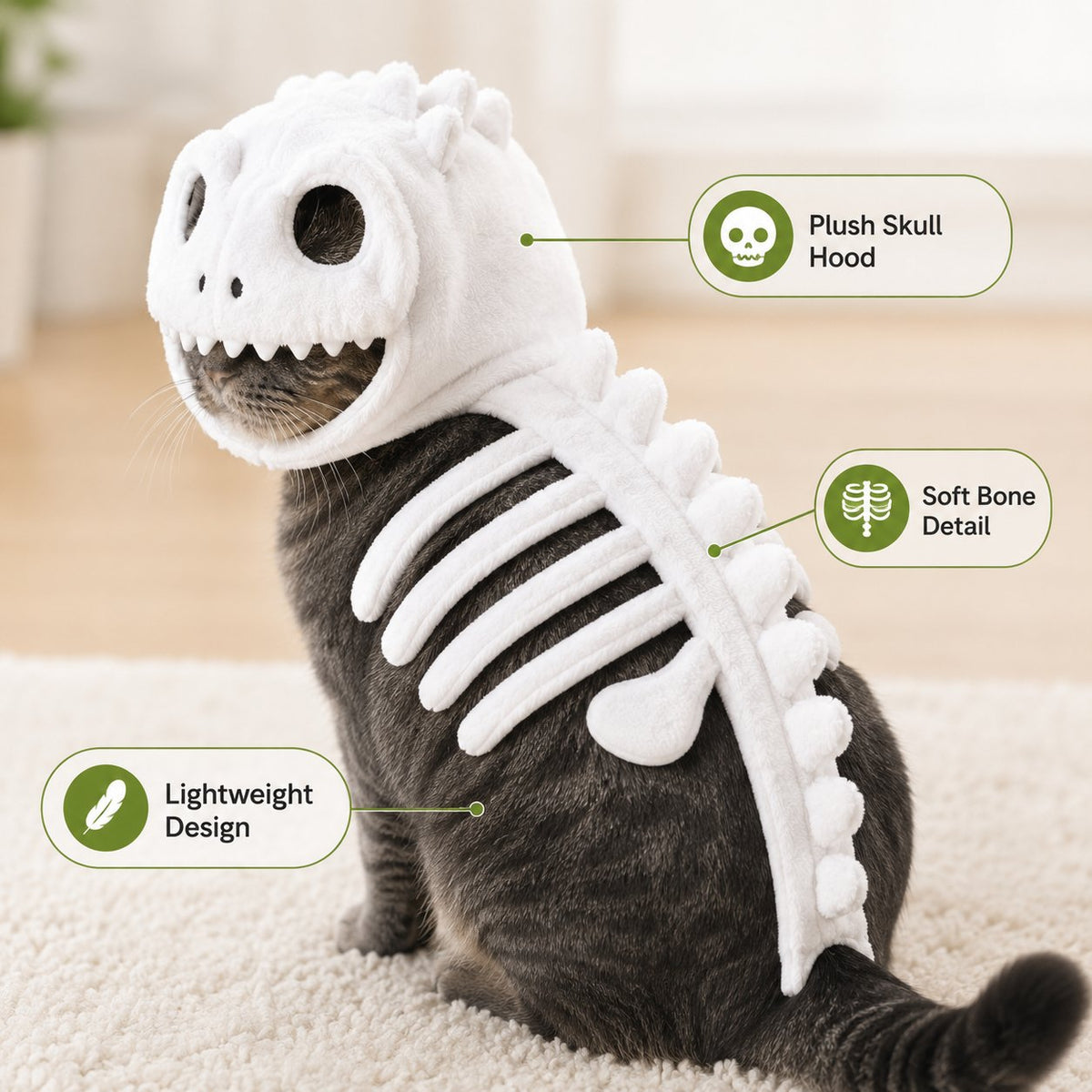 🔥🔥🎉🦖 Glow-in-the-Dark Dinosaur Skeleton Cat Costume — Let Your Kitty Roar at Night! ✨