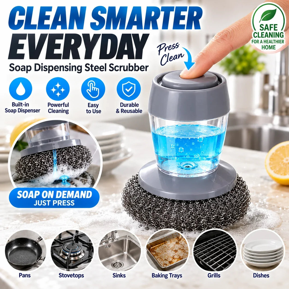 2-in-1 Soap Dispensing Steel Scrubber for Tough Grease & Burnt-On Food