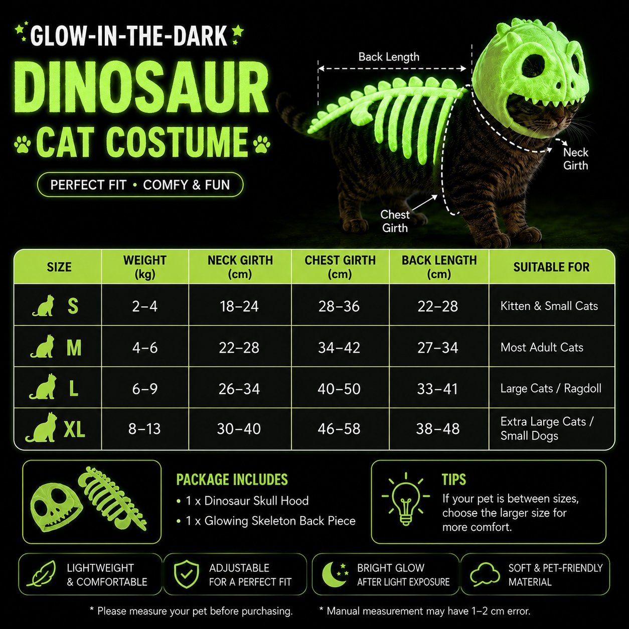 🔥🔥🎉🦖 Glow-in-the-Dark Dinosaur Skeleton Cat Costume — Let Your Kitty Roar at Night! ✨