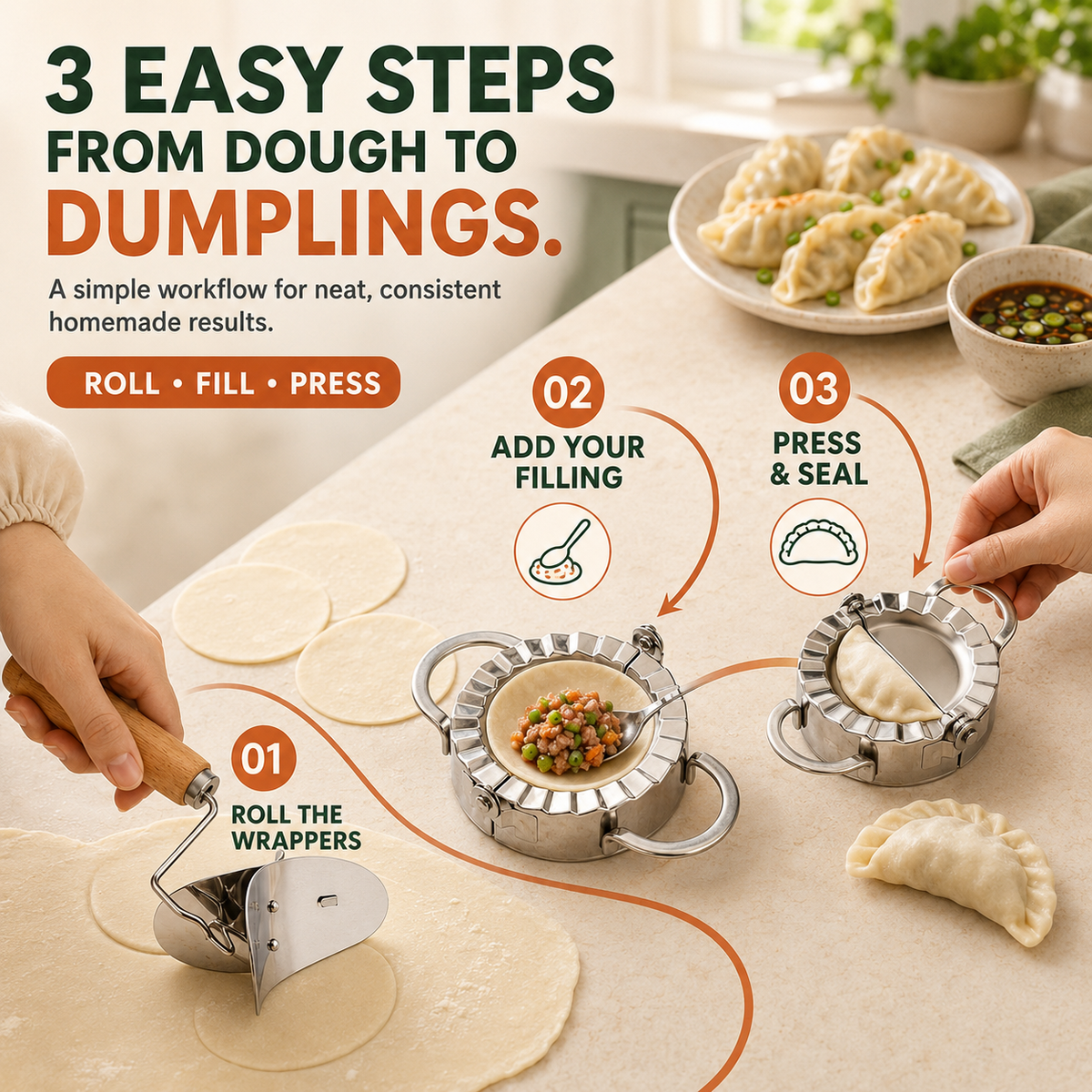 🥟 Dumpling Maker & Dough Cutter Set – Roll, Fill & Seal Homemade Dumplings Easily