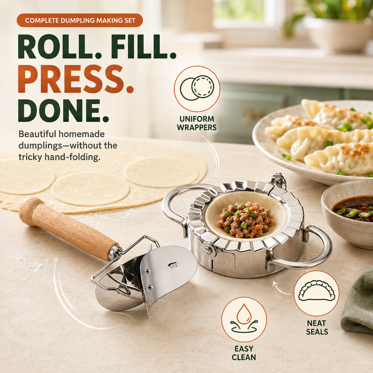 🥟 Dumpling Maker & Dough Cutter Set – Roll, Fill & Seal Homemade Dumplings Easily (Copy)