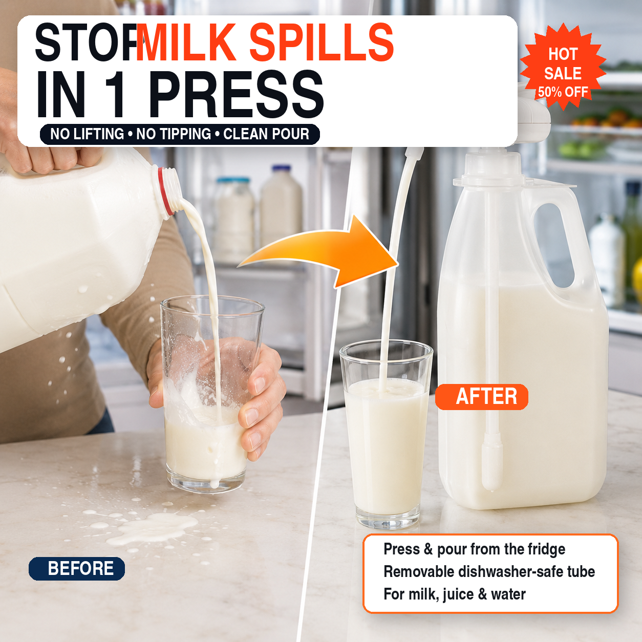🎉 2026 HOT SALE 🎉 50% OFF! No-Lift Automatic Drink Dispenser – Press & pour, no heavy lifting needed. Removable dishwasher-safe tube, cleaner pours for milk, juice & water. Perfect for kids, seniors & busy mornings.