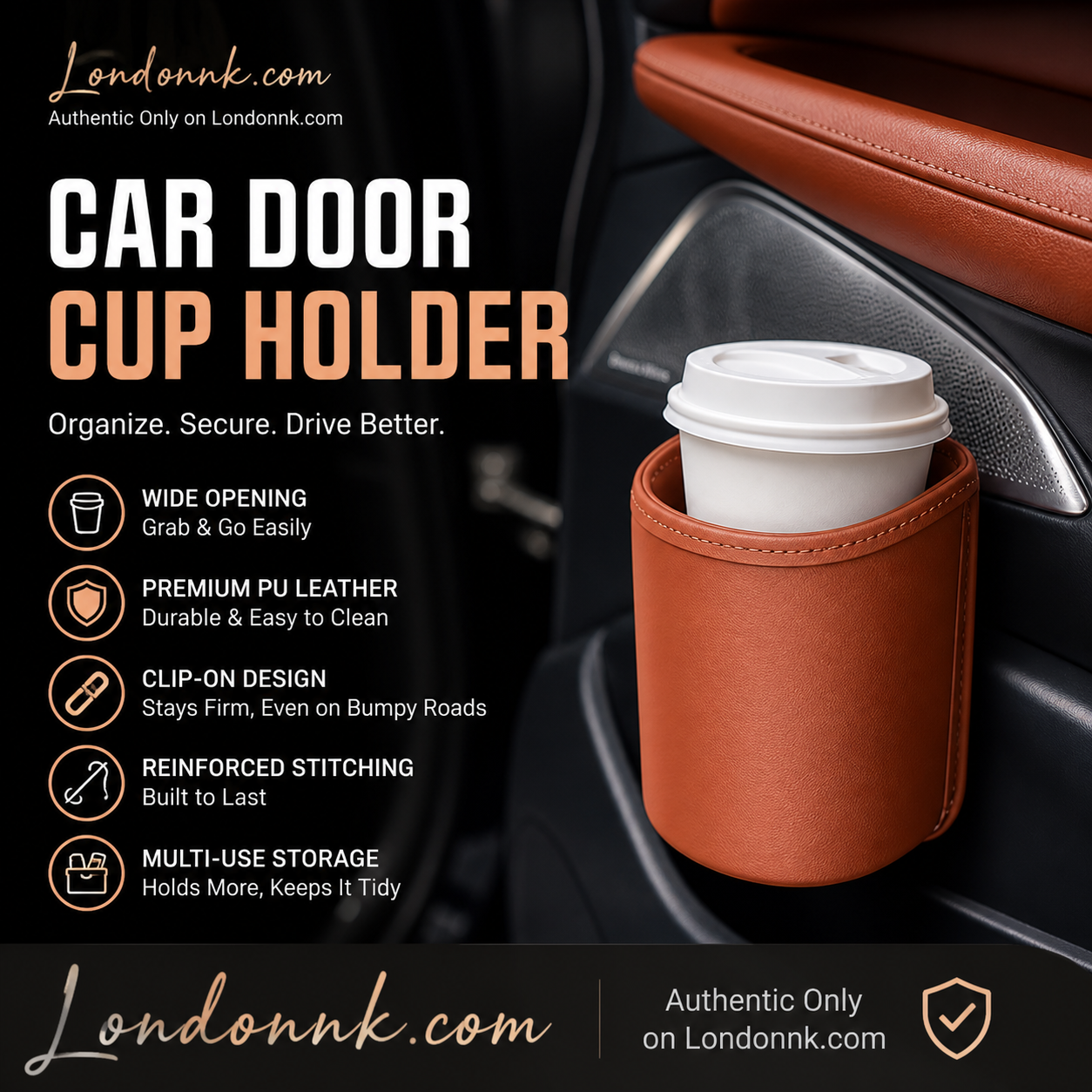 ⚡⚡⚡LAST 44 PCS LEFT!!! 🥳2026 HOT SALE🥳💞50K+ SOLD!🚗🧺 50% OFF! Leather Car Door Cup Holder – Wide‑mouth opening, easy reach for drinks & phone. Clip‑on secure fit. PU leather, tough & stylish. 🛡️✨ (offer)