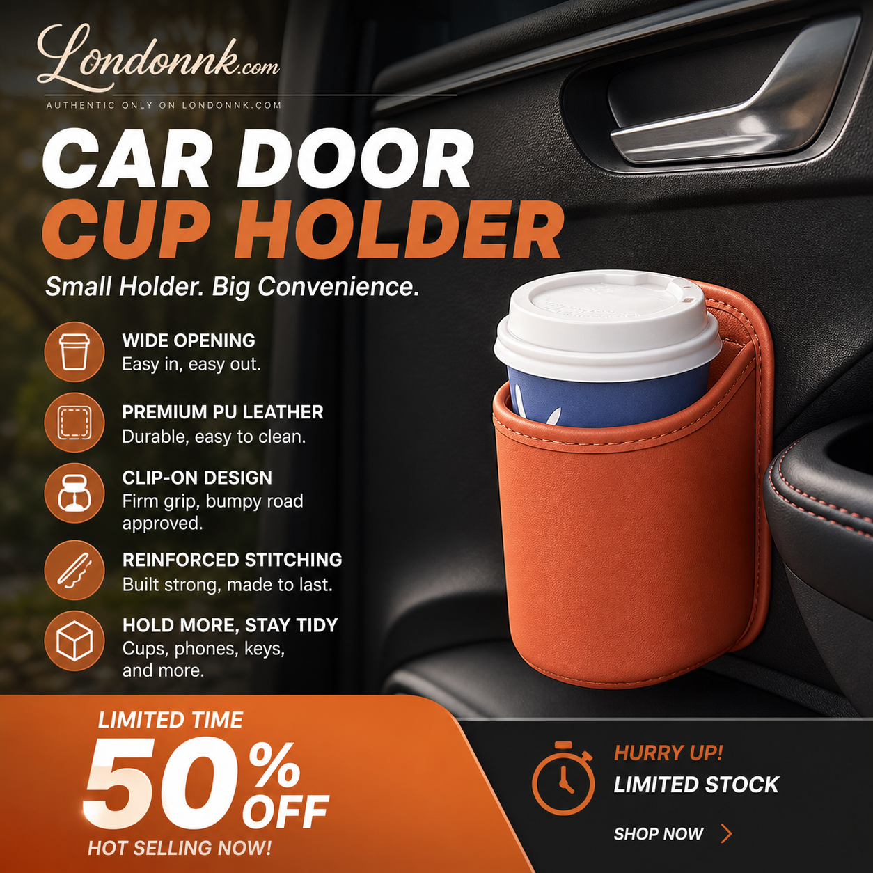⚡⚡⚡LAST 44 PCS LEFT!!! 🥳2026 HOT SALE🥳💞50K+ SOLD!🚗🧺 50% OFF! Leather Car Door Cup Holder – Wide‑mouth opening, easy reach for drinks & phone. Clip‑on secure fit. PU leather, tough & stylish. 🛡️✨ (offer)